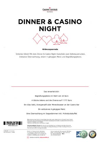 Druckvorschau des Gutscheins Dinner & Casino Night: die Widmung und die Inklusiv-Leistungen sind als Text am Gutschein ersichtlich